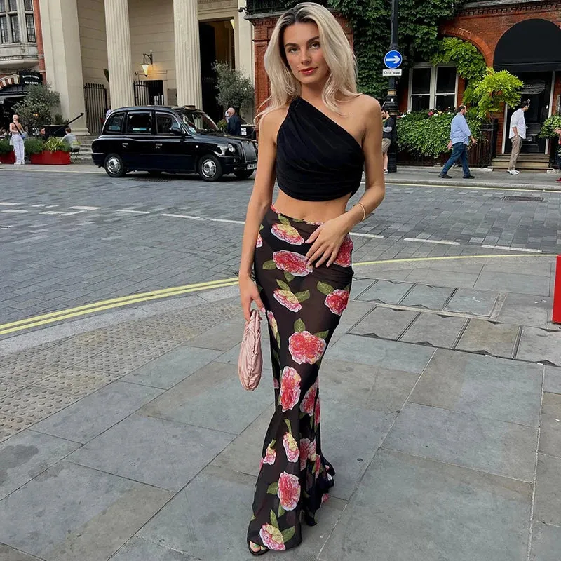 Rose Print Sheer Mesh Long Skirt for Sexy Party