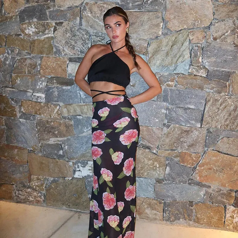 Rose Print Sheer Mesh Long Skirt for Sexy Party