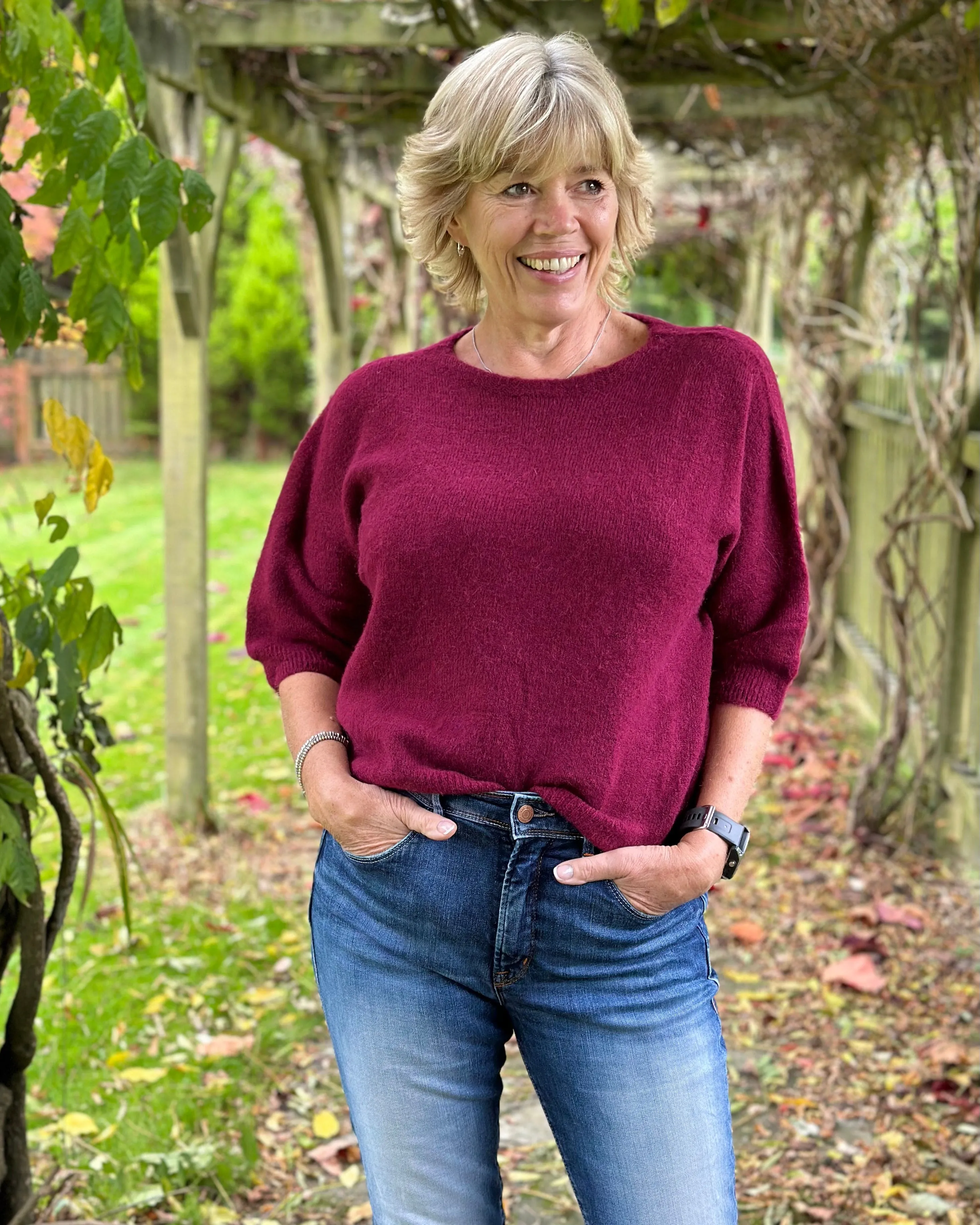 Round Neck Short Sleeve Jumper - Wine