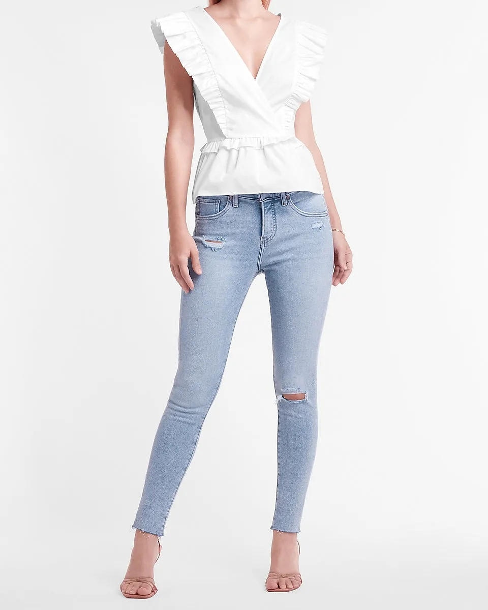 Ruffle V-Neck Peplum Top in White