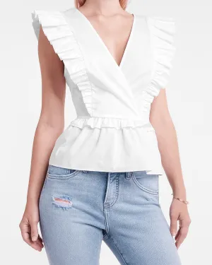 Ruffle V-Neck Peplum Top in White