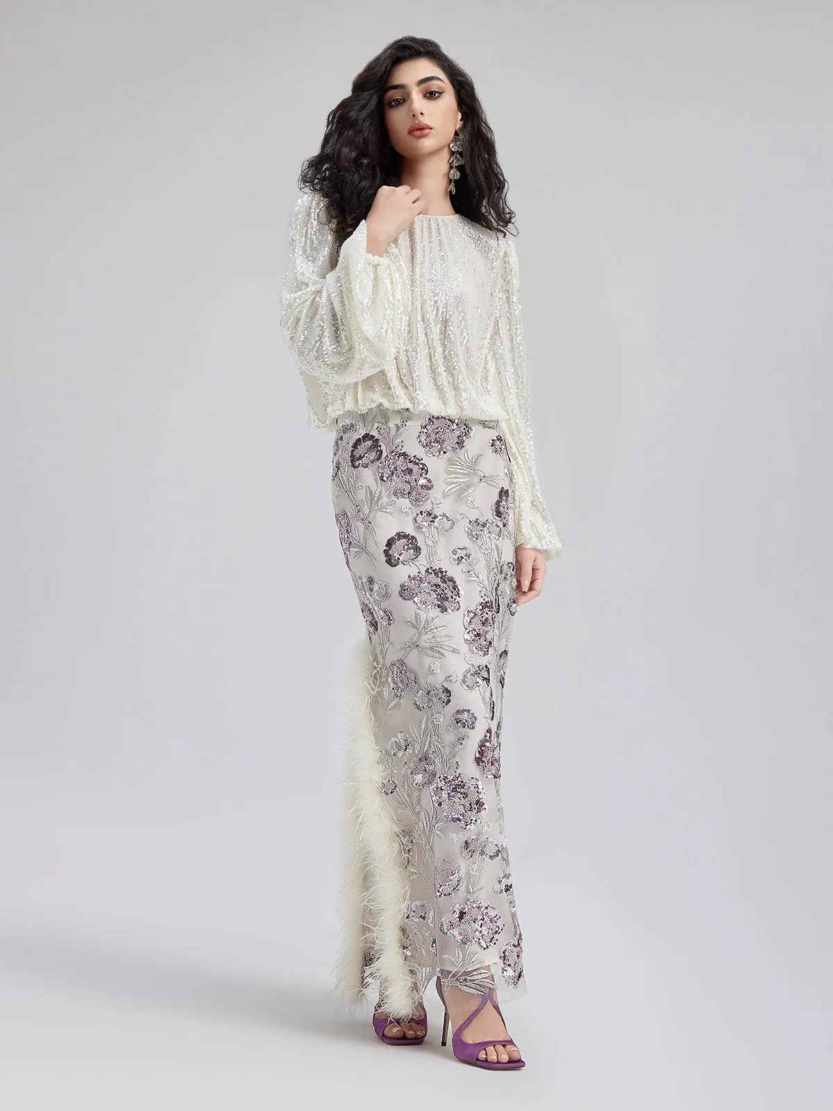 Sequin Feathered Neo Chinese Style Skirt