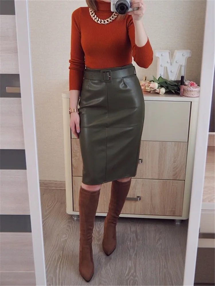 Stylish PU Leather Wrap Midi Skirt with Belt - Culture Heaven Special