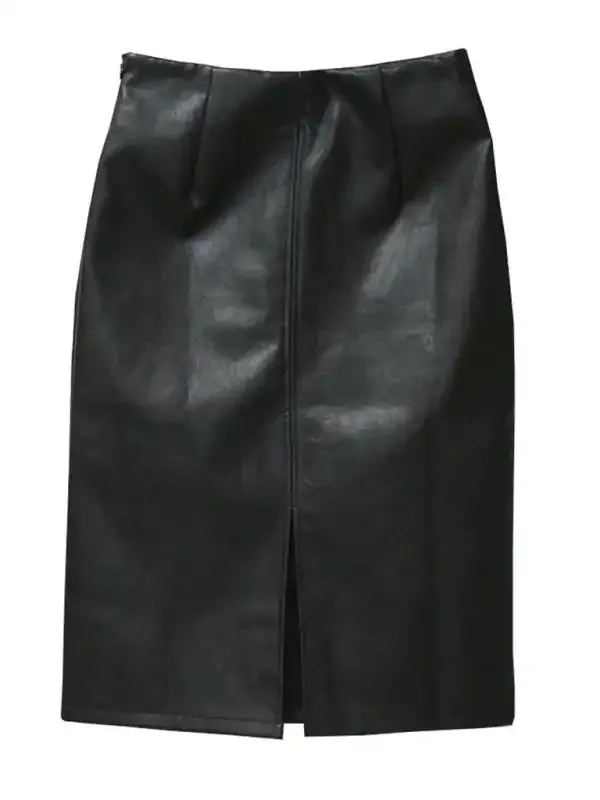 Women’s Slim Fit Hip Covering Spliced Slit PU Leather Skirt